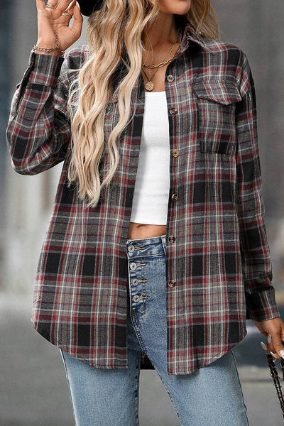 Plaid Button Down Shirt with Chest Pockets and Tie Hem in Khaki Red Black or Red + White