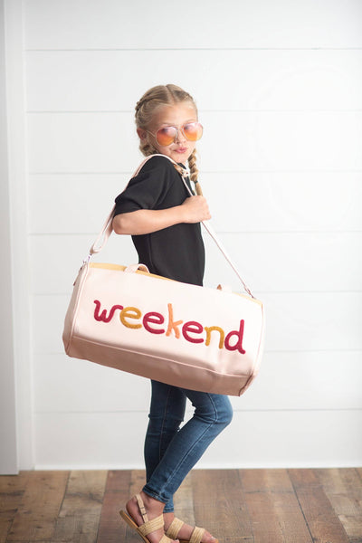 Pink & Tan Fuzzy Letter Weekender Travel Bag