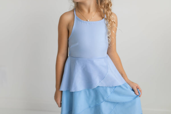Blue Ombre Waterfall Layered Halter Hi Lo Dress