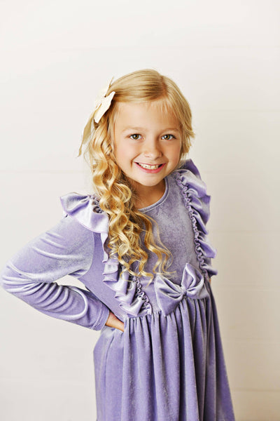 Lavender Velvet Bow Ruffle Fancy Holiday Party Dress