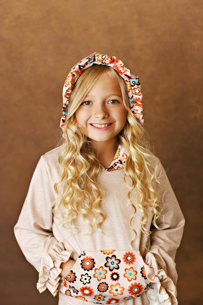 Girls' Tan & Rust Retro Flower Print Hooded Ruffle Pocket Lounge Set