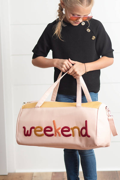 Pink & Tan Fuzzy Letter Weekender Travel Bag