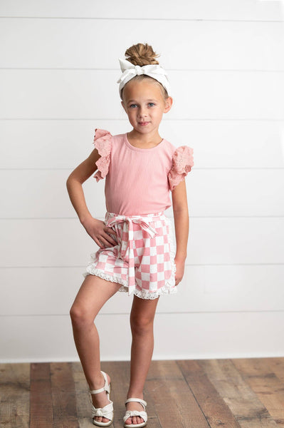 Girls Pink Lace Checkered Spring Summer Short Set