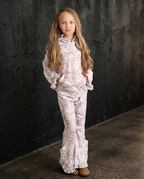 Girls Light Gray Camo Hooded Ruffle Pocket Lounge Set