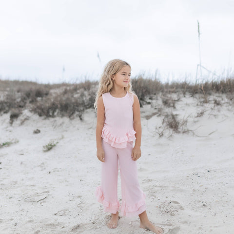 Girls Pink Ruffle Waffle Knit Spring Summer Lounge Set