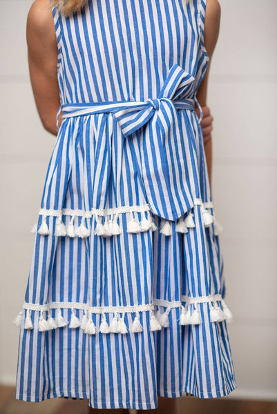 Blue Stripe Tiered Tassel Dress for Girls