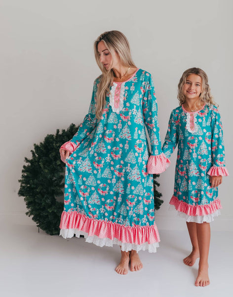 Women's Pink Teal Christmas Holiday Nutcracker Lounge Gown