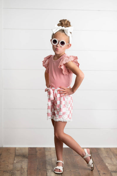 Girls Pink Lace Checkered Spring Summer Short Set