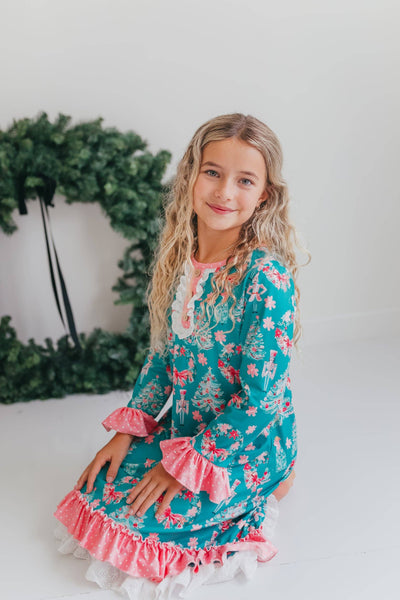 Girls' Pink Teal Christmas Holiday Nutcracker Lace Lounge Gown