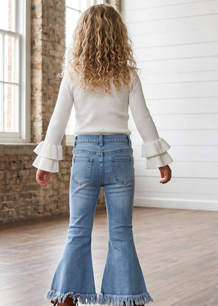Girls' Light Wash Flare Fringe Denim Jeans
