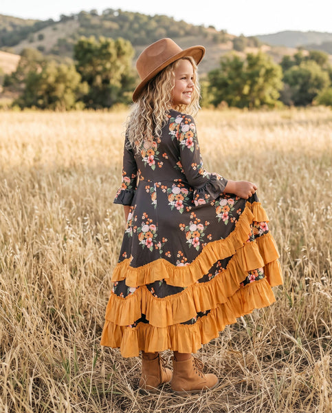 Girls Chocolate & Mustard Fall Twirl Ruffles Dress