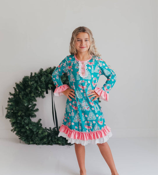 Girls' Pink Teal Christmas Holiday Nutcracker Lace Lounge Gown