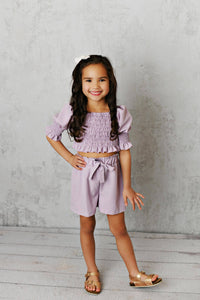 Girls Lavender Shirred Puff Sleeve Bow Short Set