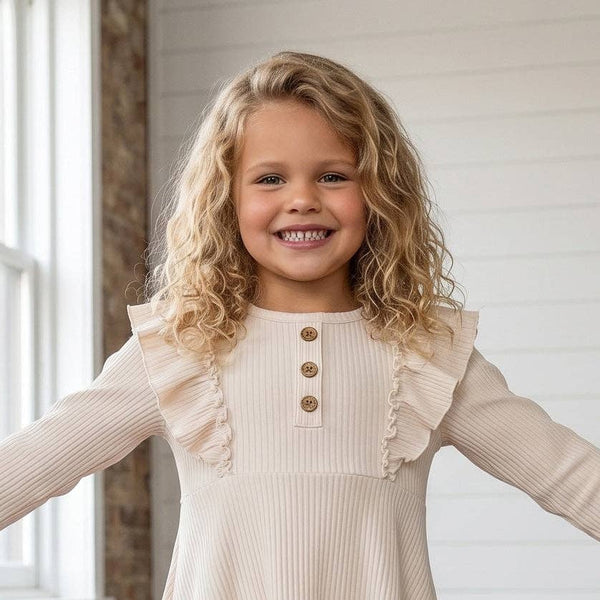 Girls Cream Beige Ribbed Long Sleeve Button Ruffle Shirt