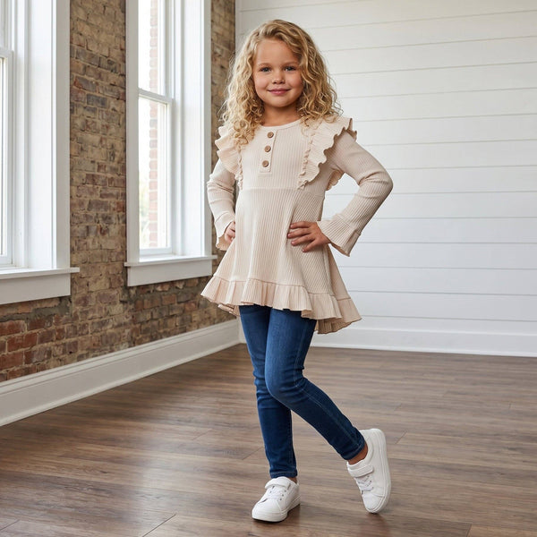 Girls Cream Beige Ribbed Long Sleeve Button Ruffle Shirt
