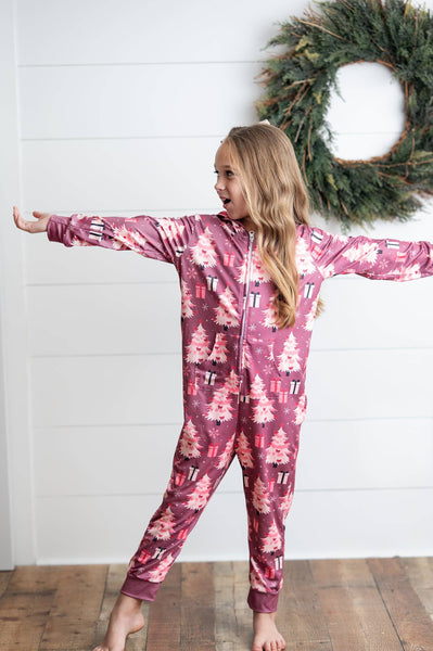 Girls' Pink Christmas Tree Holiday Zip Onesie Set With Ears