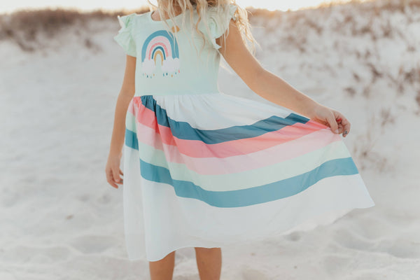 Mint Blue Short Sleeve Rainbow Hi Lo Dress