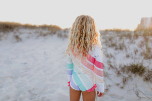 Pastel Rainbow Stripe Zip Rash Guard One Piece Swimsuit