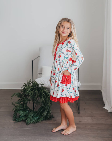 Girls' Christmas Holiday Nutcracker Pocket Tie Ruffle Dress