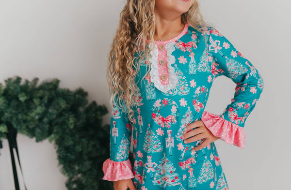 Girls' Pink Teal Christmas Holiday Nutcracker Lace Lounge Gown