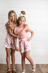 Girls Pink Lace Checkered Spring Summer Short Set