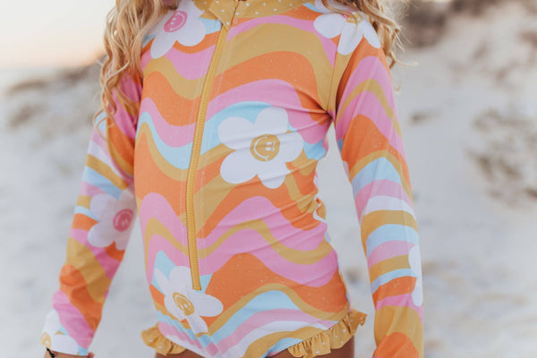 Retro Flower Wave Zip Rash Guard One Piece Swimsuit