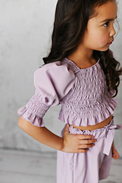 Girls Lavender Shirred Puff Sleeve Bow Short Set