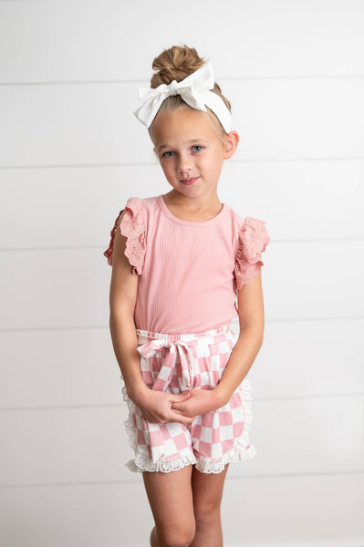 Girls Pink Lace Checkered Spring Summer Short Set