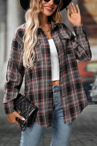 Plaid Button Down Shirt with Chest Pockets and Tie Hem in Khaki Red Black or Red + White