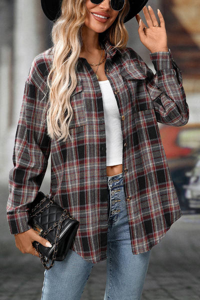 Plaid Button Down Shirt with Chest Pockets and Tie Hem in Khaki Red Black or Red + White