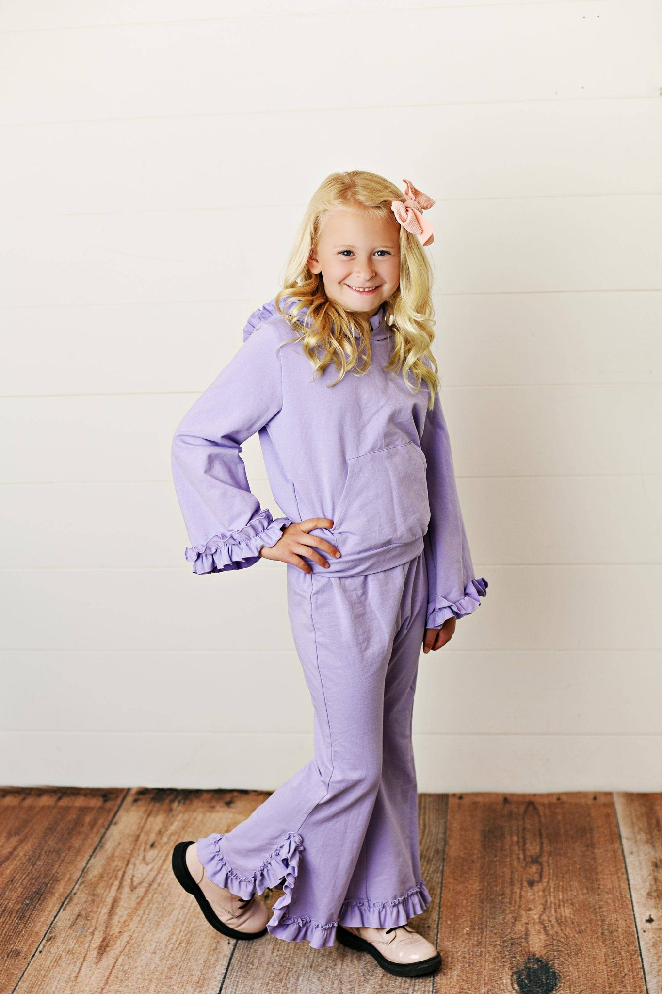 Lavender Hooded Ruffle Pocket Lounge Set for Girls