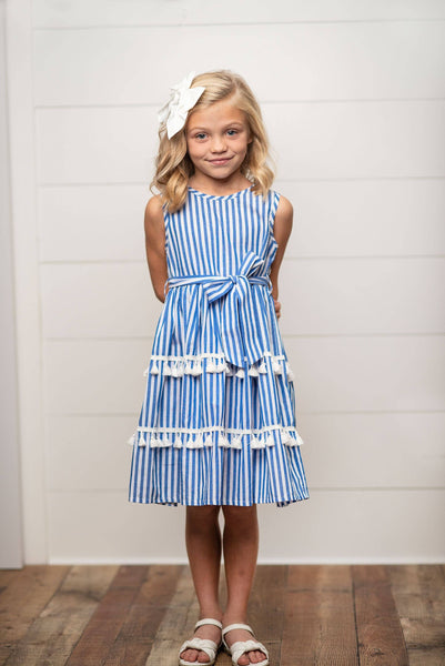 Blue Stripe Tiered Tassel Dress for Girls