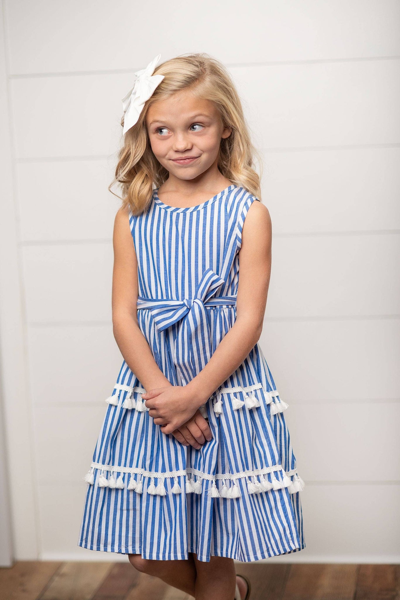 Blue Stripe Tiered Tassel Dress for Girls