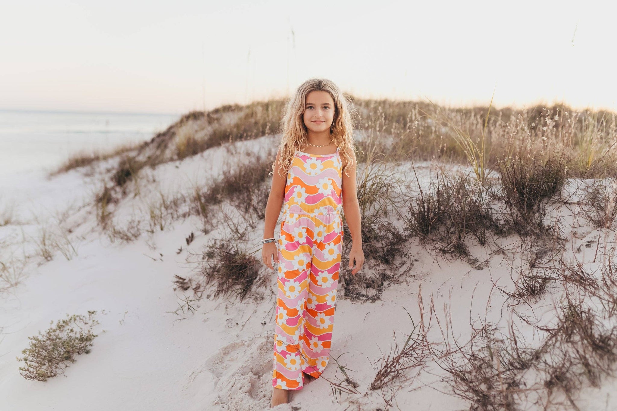 Girls Tangerine & Pink Retro Floral Jumpsuit with Pockets