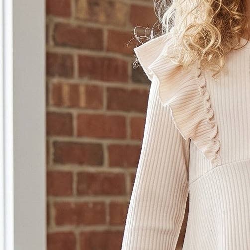 Girls Cream Beige Ribbed Long Sleeve Button Ruffle Shirt