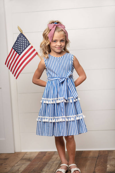 Blue Stripe Tiered Tassel Dress for Girls