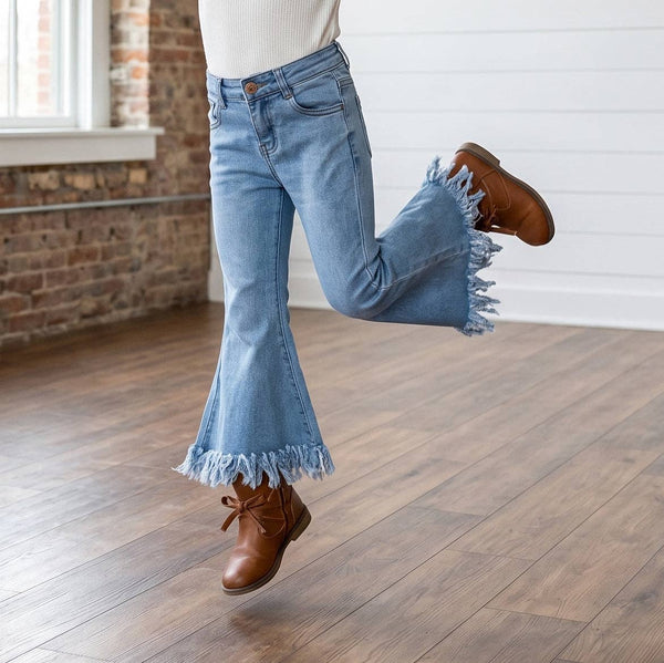 Girls' Light Wash Flare Fringe Denim Jeans
