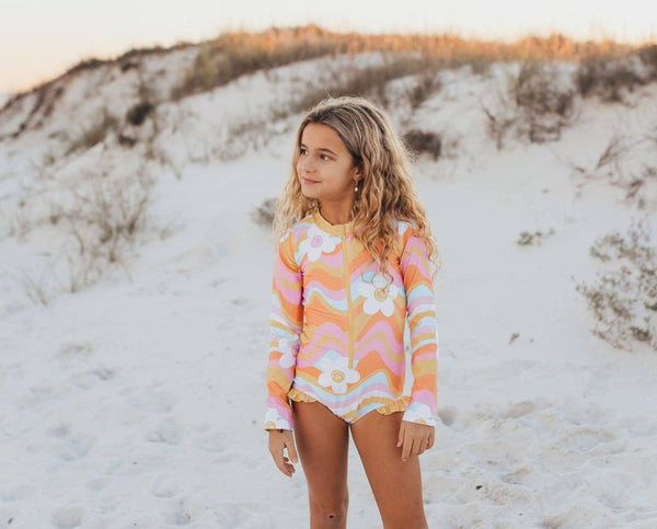 Retro Flower Wave Zip Rash Guard One Piece Swimsuit
