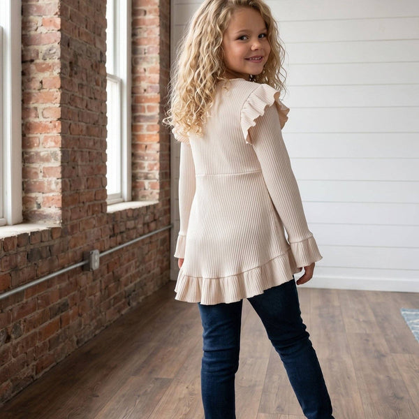 Girls Cream Beige Ribbed Long Sleeve Button Ruffle Shirt