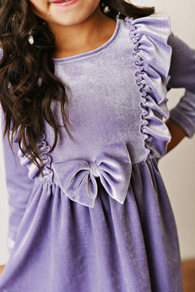 Lavender Velvet Bow Ruffle Fancy Holiday Party Dress