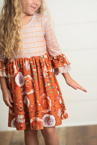 Vintage Rust Floral Twirl Ruffles Dress