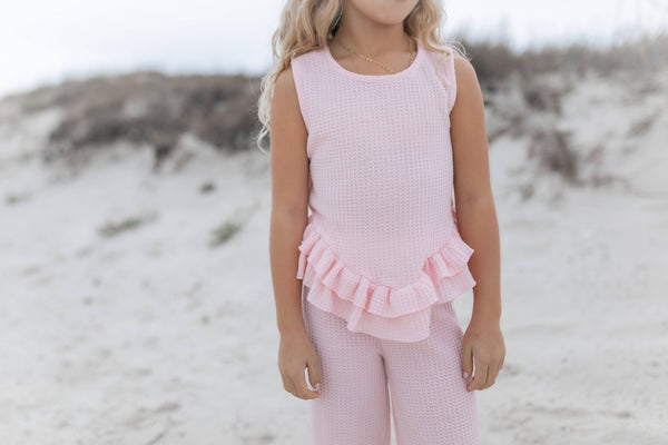 Girls Pink Ruffle Waffle Knit Spring Summer Lounge Set