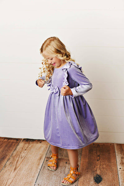 Lavender Velvet Bow Ruffle Fancy Holiday Party Dress