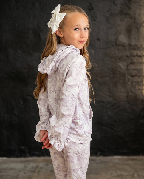 Girls Light Gray Camo Hooded Ruffle Pocket Lounge Set