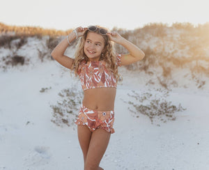 Tan Tropical Print Ruched Shirred 2 Piece Swimsuit