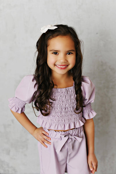 Girls Lavender Shirred Puff Sleeve Bow Short Set