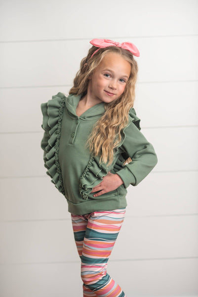 Sage Double Ruffle Button Hoodie & Stripe Leggings Set