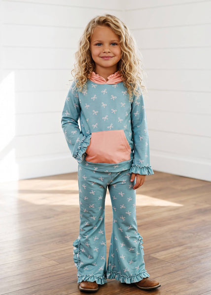 Lucy Teal & Pink Bow Hooded Ruffle Pocket Lounge Set