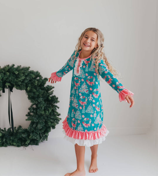 Girls' Pink Teal Christmas Holiday Nutcracker Lace Lounge Gown