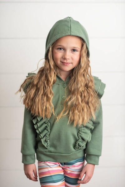 Sage Double Ruffle Button Hoodie & Stripe Leggings Set